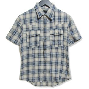 半袖チェックシャツ ウエスタン ラメ糸 スナップボタン 青 2 メンズ